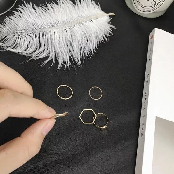 The Colourful Aura 5 Piece Slim Gold Bohemian Vintage Stackable Tribal Beach Ring Set