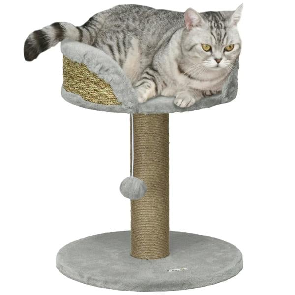 Grey cat tree tower with plush bed, sisal scratching post, and round base with ball