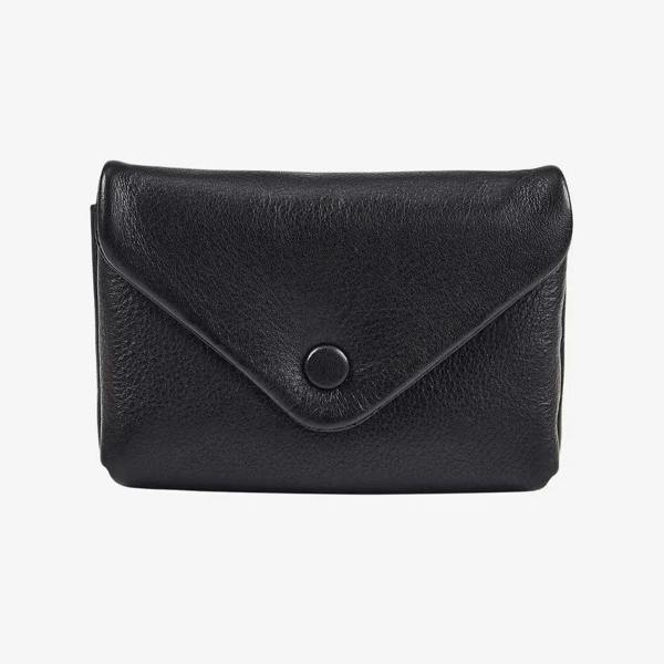 Black leather envelope coin purse for women with press stud flap
