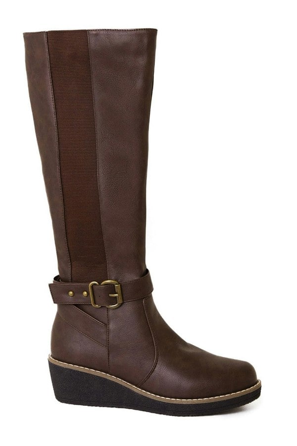 Where's That From Ayleen Wedge Heel Knee High Boots With Elastic Panel in Brown Faux Leather