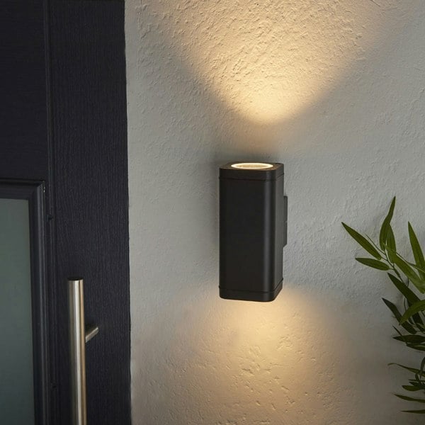 Non Automatic Up & Down Outdoor Wall Light - Textured Black & Glass Diffuser