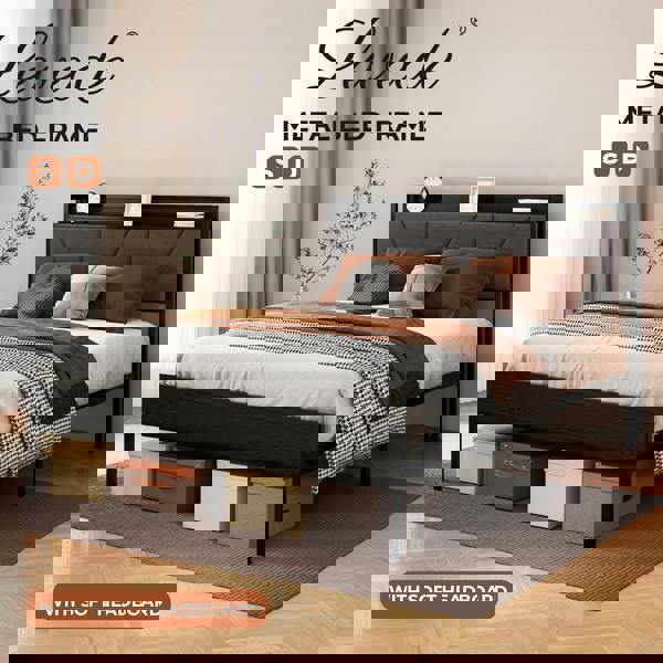 Levede Bed Frame Metal Platform Upholstered Headboard with Storage Single Double