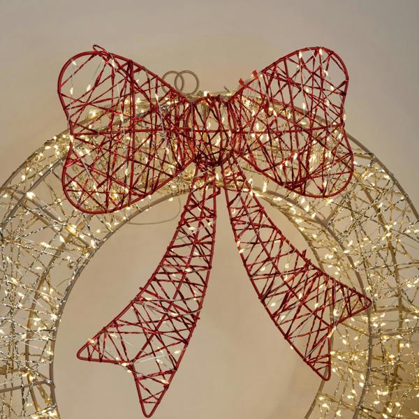 Samuel Alexander 50cm Gold Light Up Christmas Wreath with 600 Warm White LEDs, Timer & Red Bow