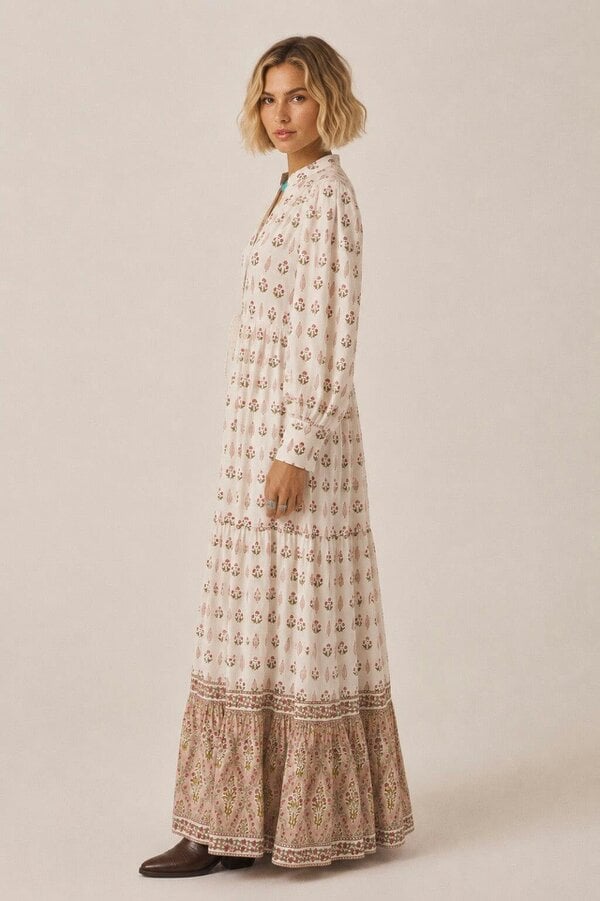 Lalita Cream Woodblock print maxi dress 100% cotton, side pockets and border print hem