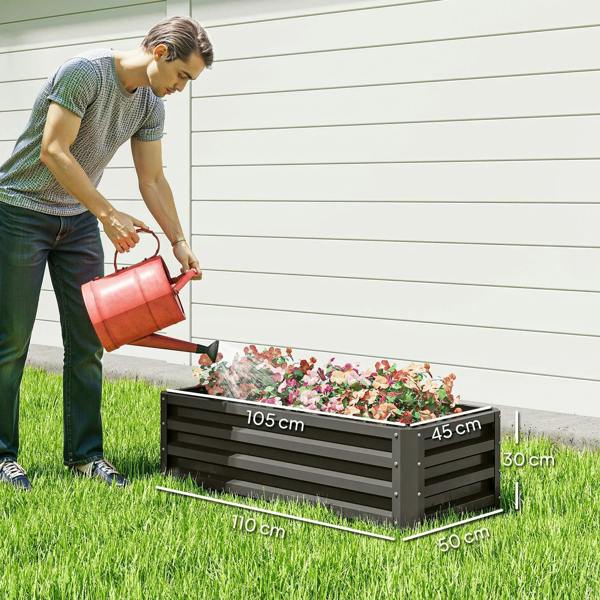 Dark grey steel planter box with open bottom design, shown with size markings