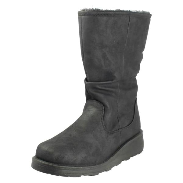 Spot On Ladies Spot On Fur Lined Zip Up Wide Fit Wedge Heel Mid Calf Boots F4466