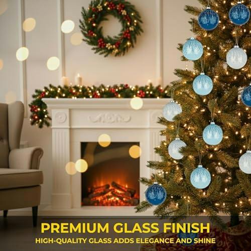 8cm Glass Christmas Baubles Set, Blue and White, 12 Pack with 3 Assorted Designs image 5