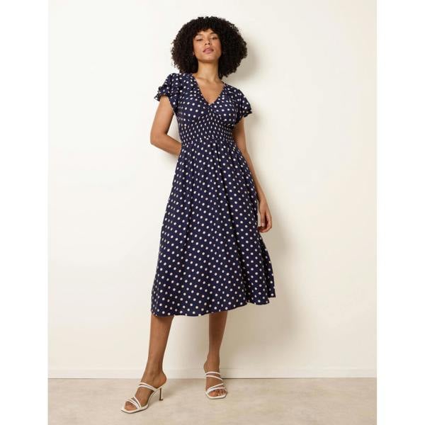 Blue Vanilla Polka Dot Elastic V Neck Midi Dress
