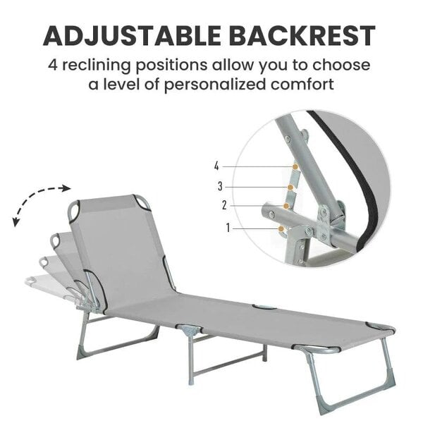 Reclining Sun Lounger Chair Folding Camping Bed with 4-Position Adjustable Backrest, Grey