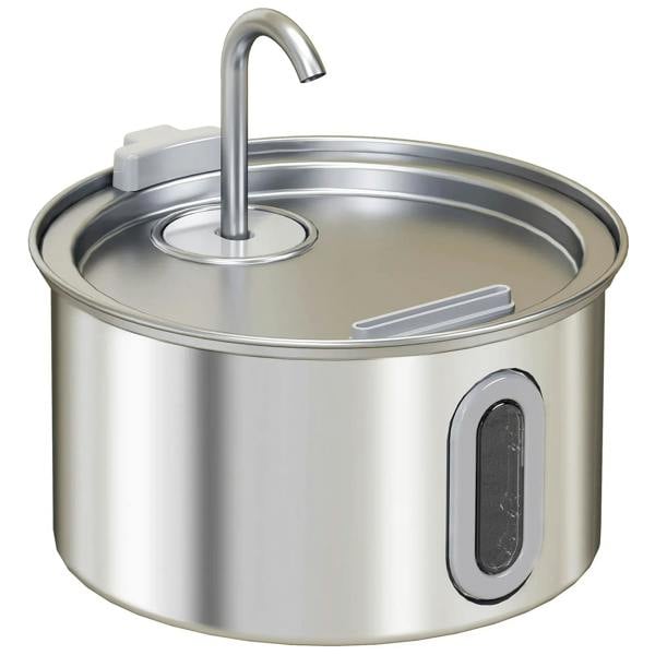 Stainless steel cat water fountain with round bowl, curved spout, side water window