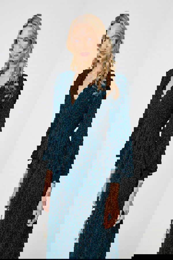 Green | Animal Print Long Puff Sleeve Midi Dress
