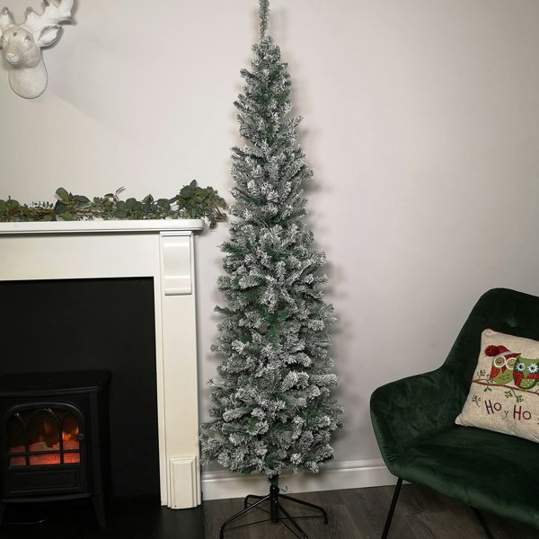 Samuel Alexander 6.5ft (2m) Premier Snow Flocked PVC Spruce Pine Slim Christmas Tree in Green