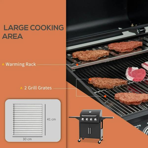 Black BBQ grill with warming rack above grill grates and cooking food on the racks
