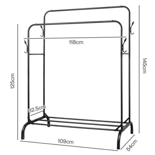 Levede Clothes Rail Heavy Duty 2 Rods Carbon Steel Rack with Shelf Bedroom Black