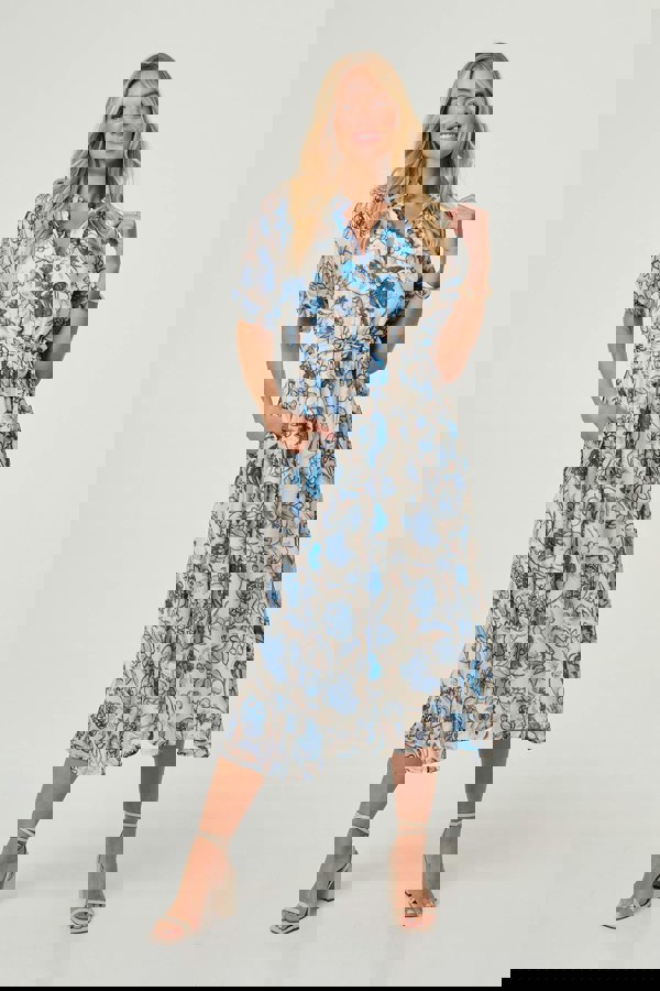 Blue | Floral Lace Trim Tie Waist Midi Dress
