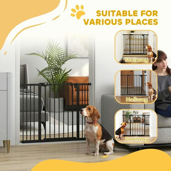 Black safety gate with vertical bars for doorway, hallway, and stairway use