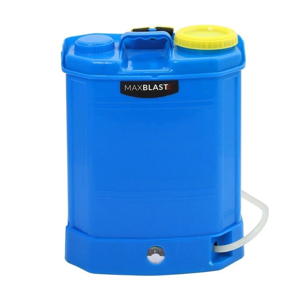 Bright blue 16L water fed backpack with yellow cap, sturdy handle, and hose attachment for efficient cleaning tasks