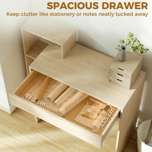 HOMCOM Computer Desk with 3 Open Shelves and Drawer, Natural