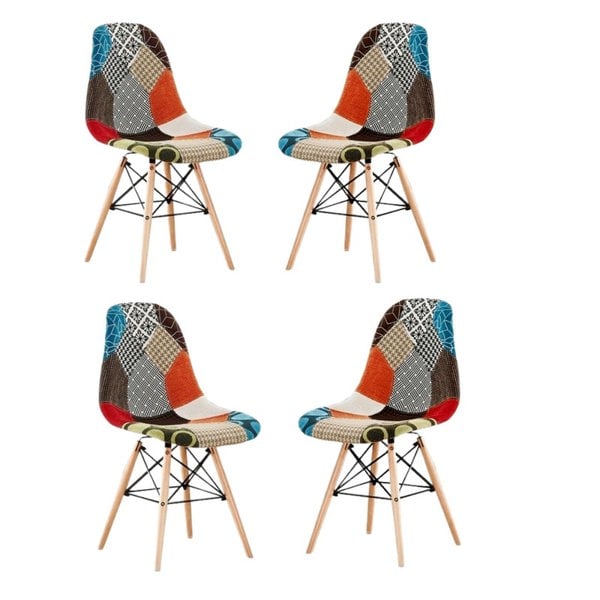 Life Interiors Set of 4 Colorful Patchwork Accent Chairs with Wooden Legs and Metal Wire Frame Mid-Century Modern Dining Chair