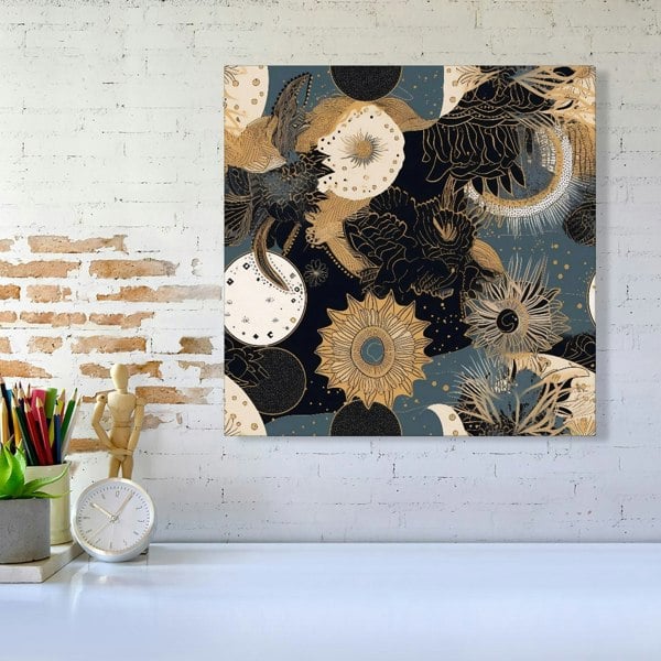 Warren Reed Abstract Blue Gold Moon Sun Canvas