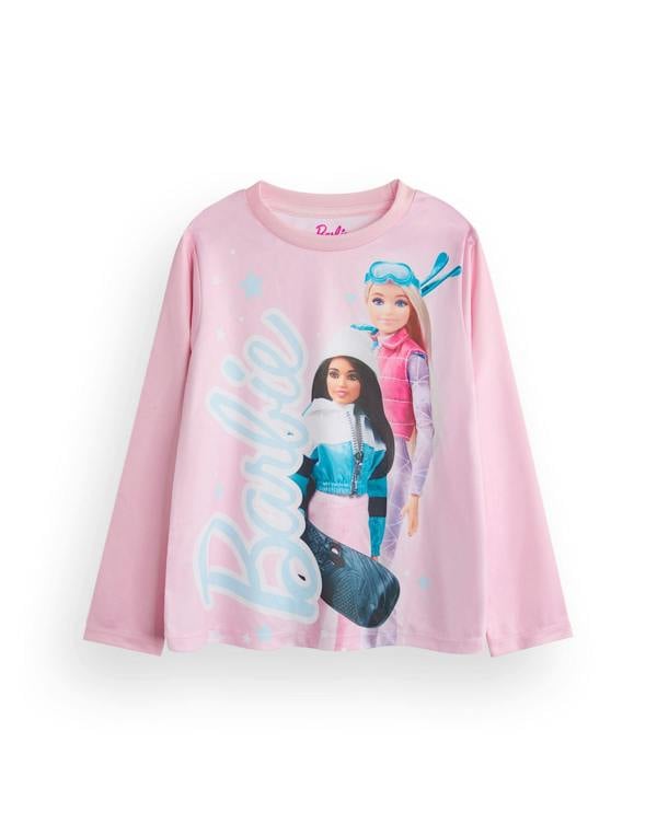 Barbie Girls Pink Front Print Top, Check Bottoms Long Sleeve Long Leg Pyjama Set