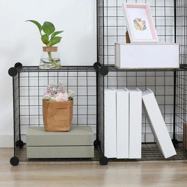 Black wire cube storage rack with open compartments and front access shelves