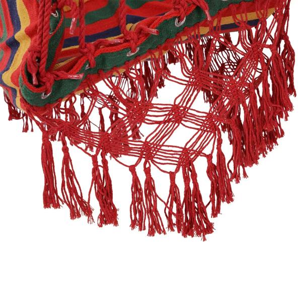 Fringed multicolor striped hammock chair seat with red rope knots and stitched edging