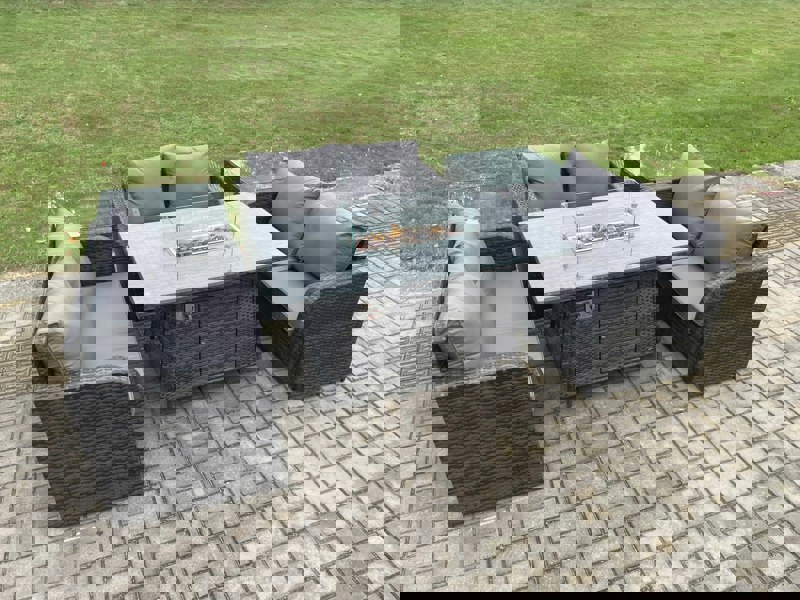 Fimous Rattan Outdoor Garden Furniture Sofa Set Gas Fire Pit Dining Table Gas Heater with 2 Side Tables Love Sofa Dark Grey Mixed