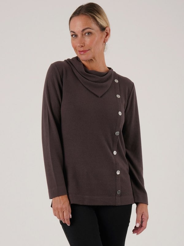 PennyPlain Button Split Cowl Neck Top - Dark Latte