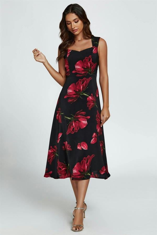 FS Collection Floral Print Heart Neck Midi Dress In Black