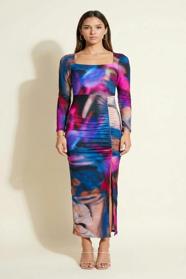 Hana Abstract Printed Long Sleeve Ruched Side Slit Midi Dress - Blue