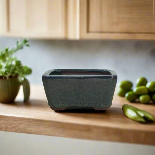 Yorkshire Bonsai 10cm Glazed Bonsai Pot | Square | 10cm x 5cm | Green