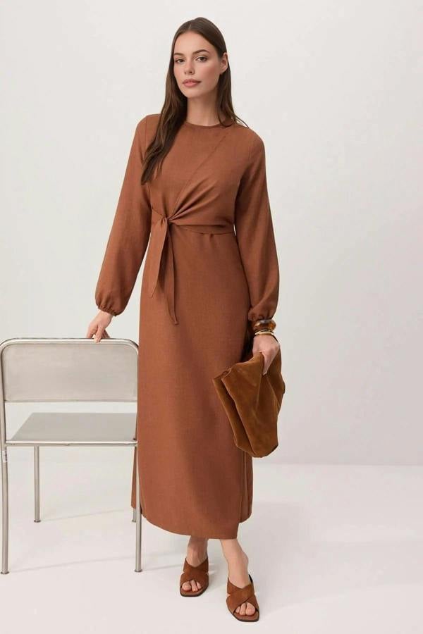 WOVCOR Tie Waist Long Sleeve Maxi Dress