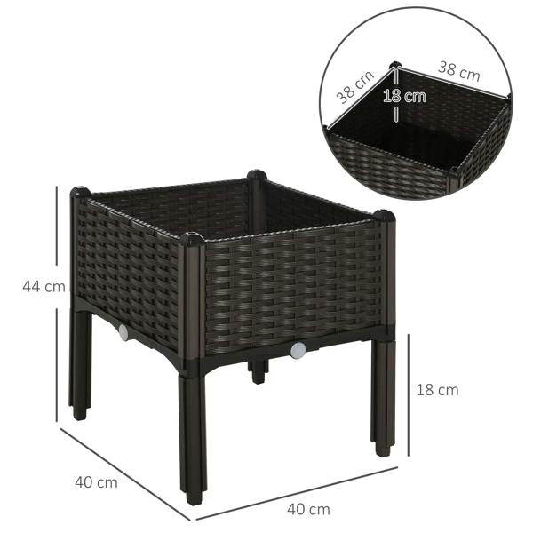 Dark brown elevated garden planter box with woven pattern and support legs