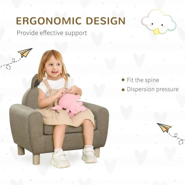 Kids toddler armchair with cat-ear back in brown upholstery, child relaxing on the seat