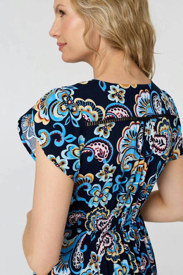Blue | Floral Lace Trim Cap Sleeved Maxi Dress