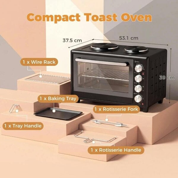 36L Mini Oven with Dual Hot Plates, Electric Countertop Cooker with Convection, 90–230°C Adjustable Temperature