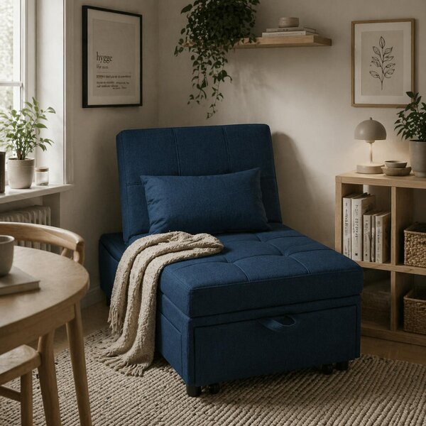 Wyld Haus Leve Fabric Blue 4 In One Convertible Chair Bed With Adjustable Back Side Pocket Wheels And Pillow