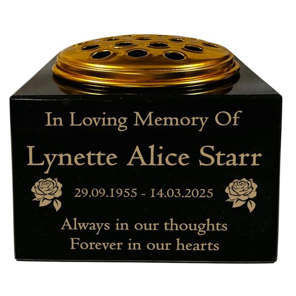 Memorials Direct Granite Memorial Vase with Rose Design, Free Personalised Gold Engraving, Solid Granite 6 x 6 x 4 Inches