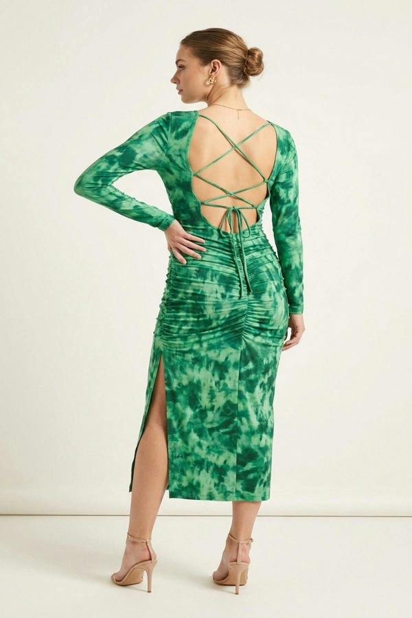 Priscilla Printed Long Sleeve Cross-tied Back Midi Dress - Green