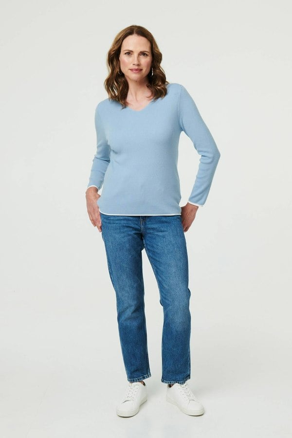Blue | Contrast Trim V-Neck Knit Top
