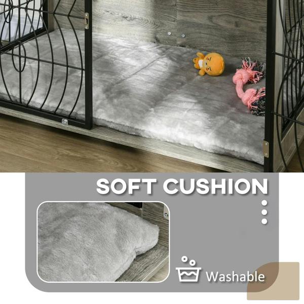 Grey dog crate interior with soft plush cushion lining and wire side bars