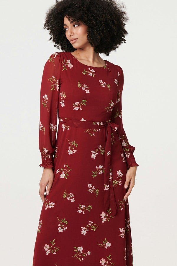 Red | Floral Sheer Layer Tie Waist Maxi Dress
