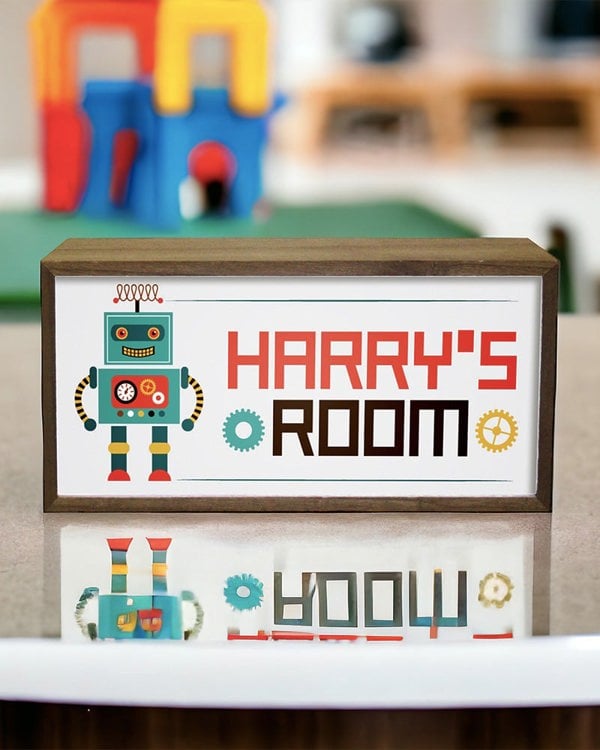 Personalised Robot Light Box for Kids. Custom LED Night Light with Retro Charm