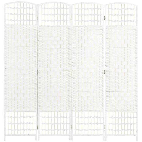 White 4-panel folding room divider with woven lattice privacy panels, freestanding