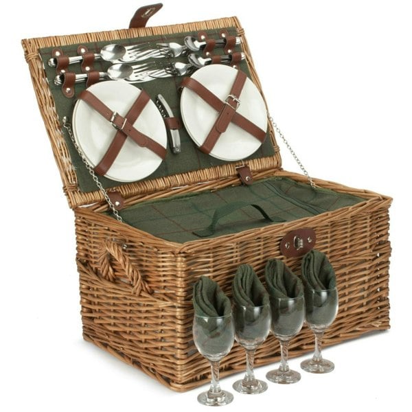 Green Tweed Chest Wicker Picnic Basket