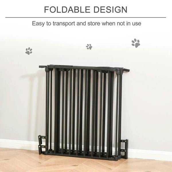 Black foldable pet playpen metal fence with top frame, collapsed for storage