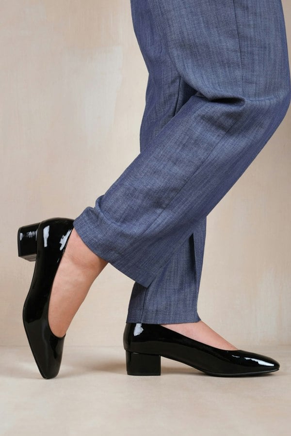 Where's That From Seattle Wide Fit Low Block Heel With Square Toe in Black Patent