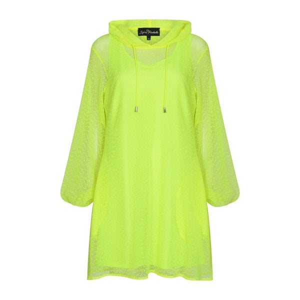 Plus Size Aphrodite Neon Lime Holiday Resort Dress with matching neon lime undergarment and hoodie on mannequin. Short Version as a cut out from the front.