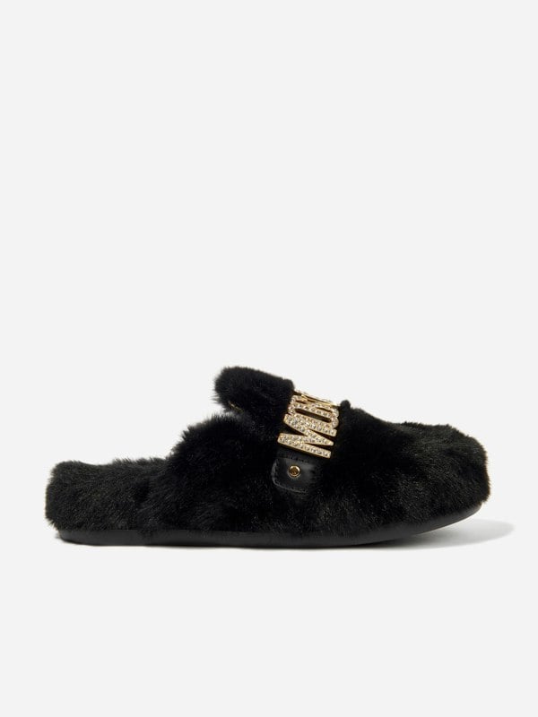 Moschino Kids Moschino Girls Faux Fur Logo Slippers in Black